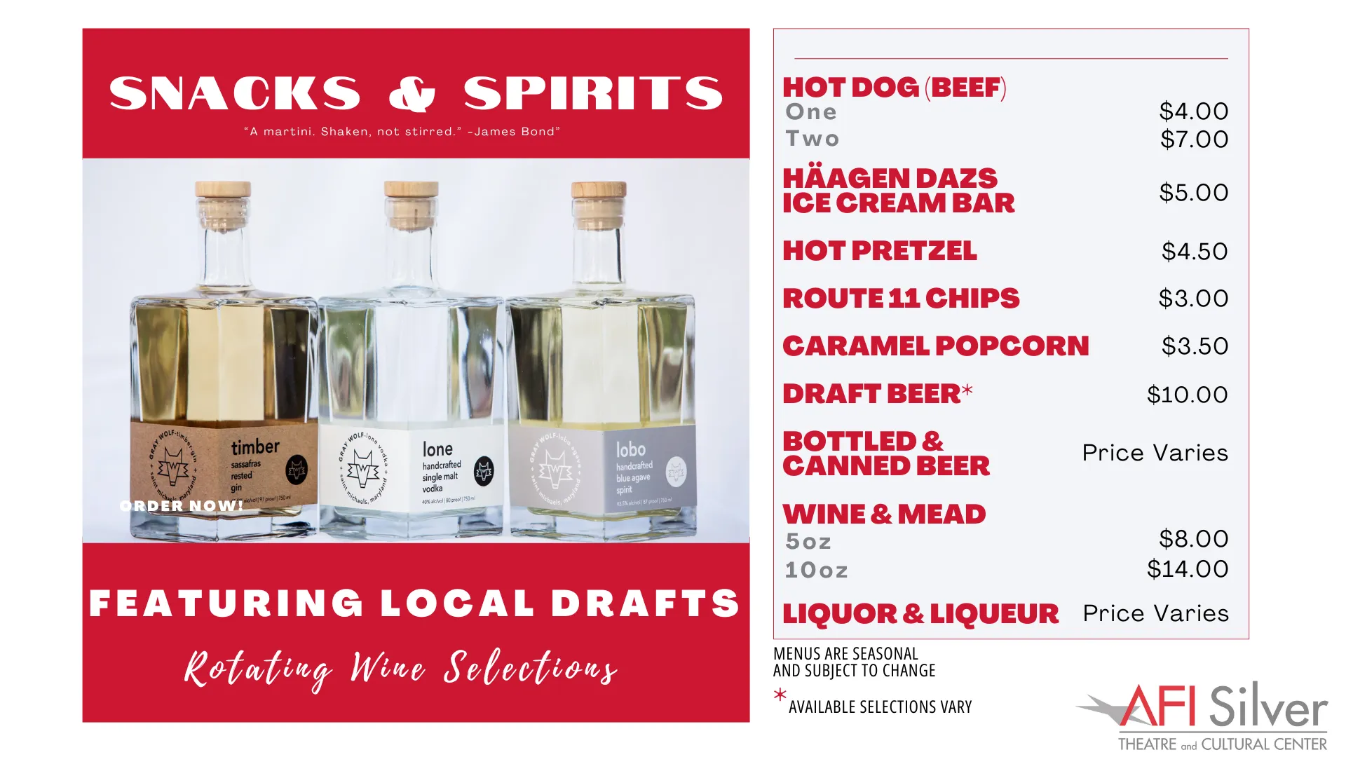 Snacks & Spirits Menu Cafe